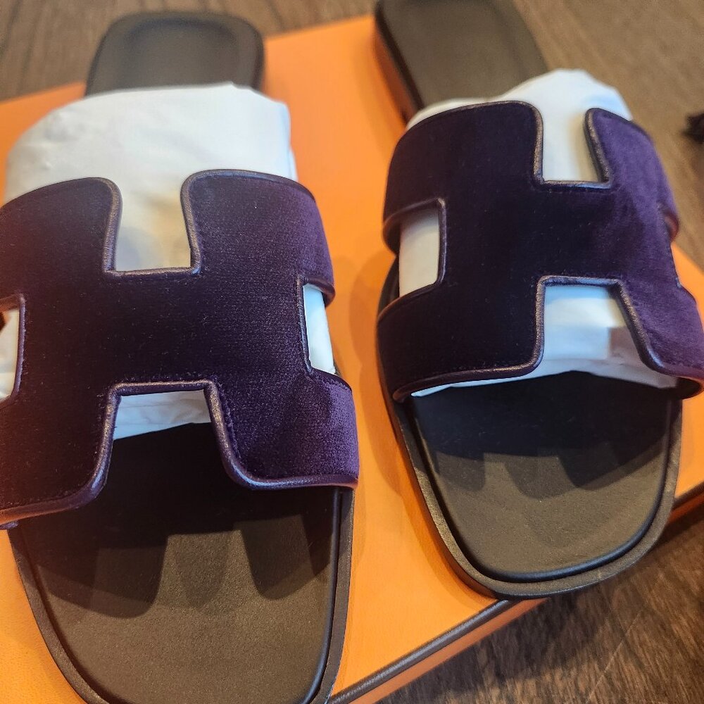 Hermes Purple Velvet Oran Slide Sandals